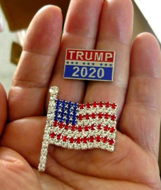 Two Great Pins - - Trump 2020 Pin Plus Sparkling Rhinestone American Flag Pin