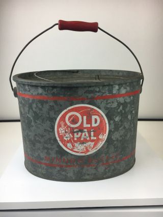 Vintage Oval Old Pal Galvanized Minnow Bait Bucket,  Painted Swing Wooden Handle