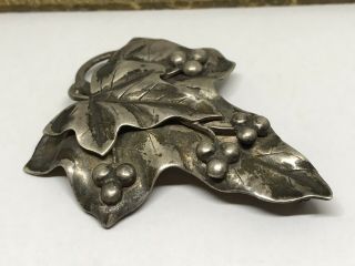 Antique Vintage Hand Wrought Arts & Crafts Sterling Leaf Berries Brooch Pin - 24g.