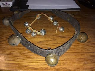 Antique Strap Of Brass Horse Bells And Small Set Of Bells