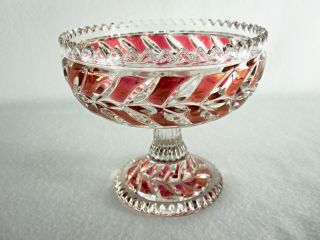 Rare Antique Baccarat Crystal Glass Cranberry Cut To Clear Pedestal Bowl