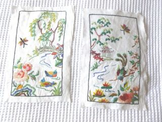 2 Gorgeous Small Oriental Embroideries Embroidery Panels Birds Flowers