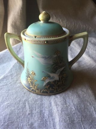 Rare Antique Nippon Sugar Bowl W Lid Flying Swan Geese Jeweled Moriage Vase 1910
