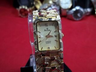 Vintage Heavy Diamond Quartz Watch 2020 18k Overlay Nugget Bracelet Gorgeous
