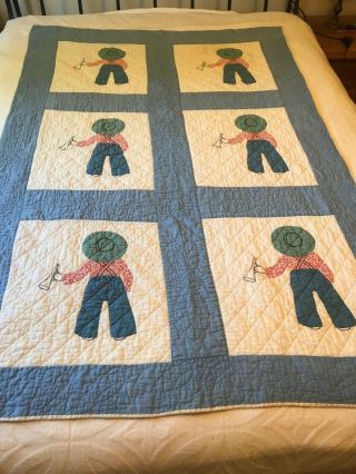 Vintage Appliqued Lil Boy Blue Quilt Hand Stitched/quilted 48 X 69”