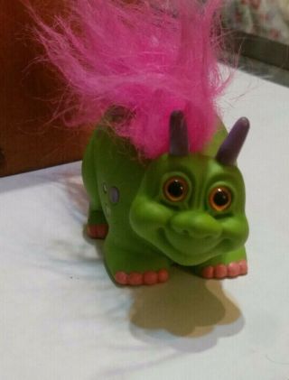 Vintage Russ Troll Dinosaur Hatchling Cuddlesaurus Toy Green With Pink Hair