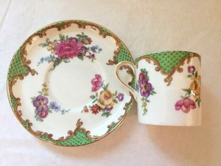 Aynsley England Bone China Floral Demitasse Cup & Saucer Set In Green & Gold Guc