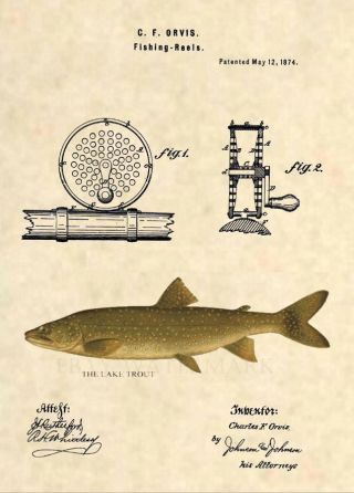 Official Fishing Lure Us Patent Art Print - Antique Lake Trout Fly Fish Reel 390