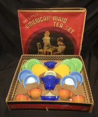 Antique Vhtf Akro Agate Childs Tea Set 3350 21 Pc Little American Maid Orig Box