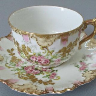 Pretty Antique Ls&s Limoges Porcelain Cup,  Saucer Pink Roses Gilt Paste Flowers