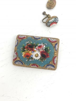 Antique Micro Mosaic Flower Pin Brooch & Screwback Earrings Made In Italy Glass