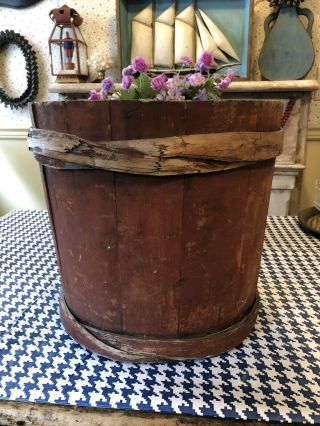 Early Country Red Stained Bucket With Great Bands