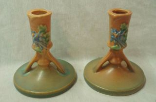Pair Antique Candlesticks,  C.  1940 Roseville Columbine 4 1/2 ".  Art Pottery.  Noresrv