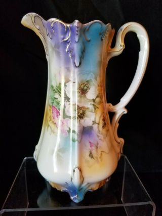 Antique Rs Prussia Pitcher - Hand Painted Flowers - Gold Trim - Signed - 7.  5 " -