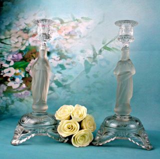 Belgian Religious Glass Art Nouveau Candlesticks Val St Lambert 1913 Signed
