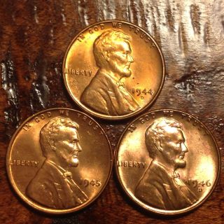 Bu 1946 D,  1945,  1944 D Unc Wheat Penny Lincoln Cent Antique Coin 874d