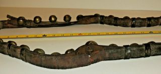 1800 ' s Amish Brass Sleigh Reindeer Bells Old Leather Belts Straps 34 bells 6