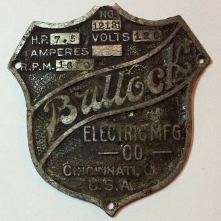Antique 1920s Bullock Electric Mfg Co Name Badge Motors Generators 3.  5”