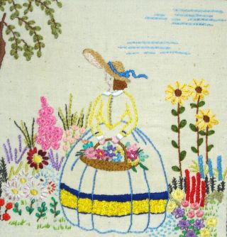 Hand Embroidered Linen Unframed Picture Crinoline Lady With A Basket Of Flowers