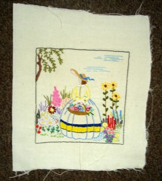 Hand Embroidered Linen Unframed Picture Crinoline Lady With A Basket of Flowers 2