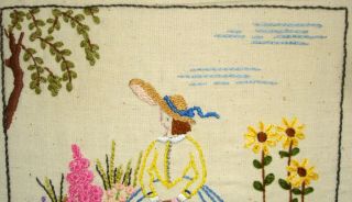 Hand Embroidered Linen Unframed Picture Crinoline Lady With A Basket of Flowers 3