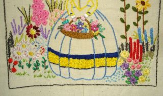 Hand Embroidered Linen Unframed Picture Crinoline Lady With A Basket of Flowers 4