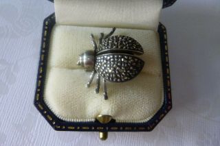 Antique Silver Marcasite Ladybird Brooch Flexible Wings Reviling A Glass Body