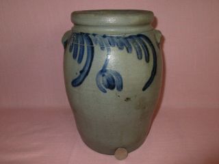 Antique 19th C Stoneware Flower Decorated Small Ovoid 1 Gal Pennsylvania Crock