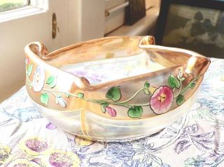 Antique Art Nouveau French Glass Folded Crnr Bowl Morning Glories - 3 Days Ship