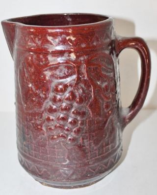 Antique Brown Salt Glazed Stoneware Pitcher High Relief Grape Clusters