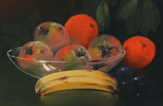 Antique CLARENCE BRALEY American Fruit Still Life Pastel Drawing,  Banana Apples 4