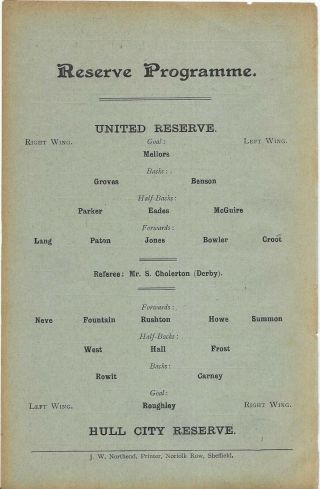 Antique Programme Sheffield United Reserves V Hull City Reserves 8 - 9 - 1906