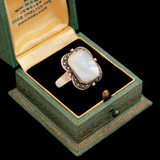 Antique Vintage Deco Style Sterling Silver Mother Of Pearl Marcasite Ring Sz 7.  5