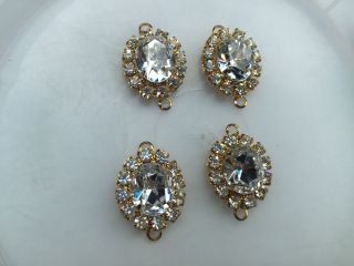 Vintage Gold Bold Clear Rhinestone Prong Oval Center Round Trim Bead Connectors