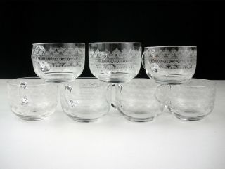 Fostoria Cloverleaf Etch Punch Cups 7pc Set,  Antique Elegant Glass Needle Etched