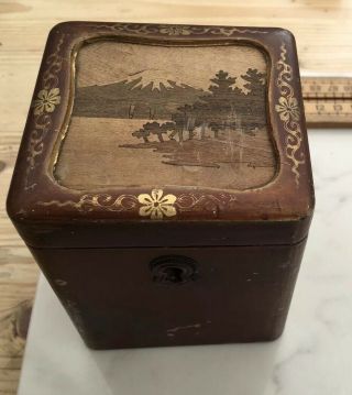 A Vintage Or Antique Lacquered Tea Caddy With Inlaid Wood,  Vintage Tea Caddy