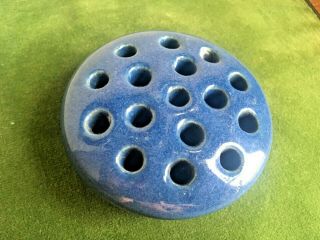 Antique Pottery 16 Hole Flower Frog 3.  5 " Blue Glaze Weller Or Mccoy?