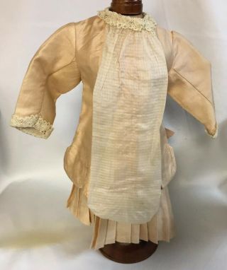 Antique/vintage Peach Colored Dolls Dress 14” Tall With Vintage Bonnet