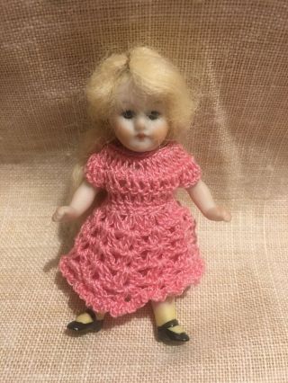 Vintage Miniature German? Bisque Porcelain Dressed Doll 3.  5” Crochet Dress.