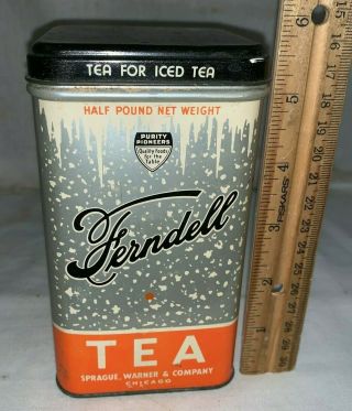 Antique Ferndell Tea Tin Litho Can Sprague Warner Chicago Il Grocery Store Old