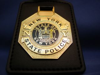 YORK STATE POLICE - NJSP POLICE FOP PBA LEATHER KEY CHAIN FOB W/ MINI BADGE 2