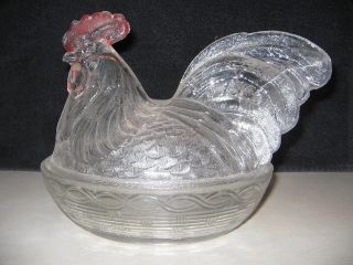 Antique Challinor Taylor Clear Glass Rooster With Painted Comb Covered Dish