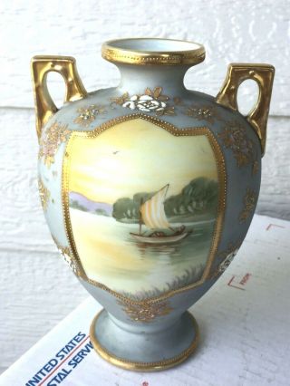 Antique Nippon Hand Painted Gold Moriage Beaded Double Handled M In Wreath Vase
