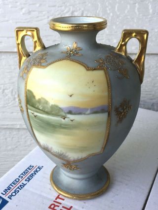 Antique Nippon Hand Painted Gold Moriage Beaded Double Handled M in Wreath Vase 5
