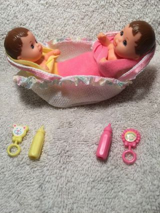 Barbie Happy Family Baby Krissy 3 " Twins In Basket With Accessories