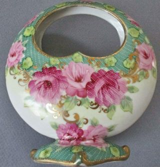 Antique Nippon Porcelain Hp Vase Pink Roses W Gilt Scrolls,  Delicate Beading