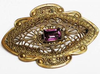 Antique Victorian Brass Openwork Amethyst Purple Glass Sash Pin Brooch C - Clasp