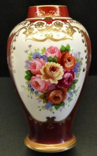 Antique Noritake Komaru Stamp Vase - Red / Gilt & Floral Spray