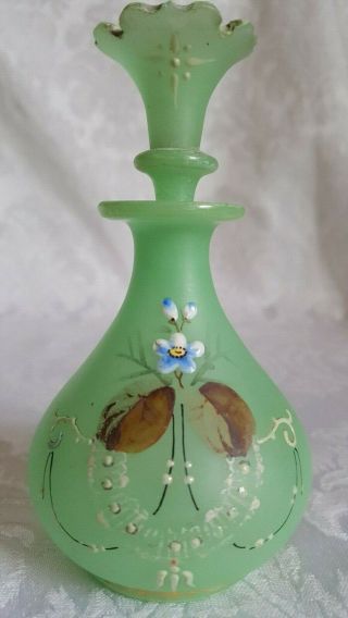 Antique French Green Opaline Glass Perfume Bottle Hand Painted 5 "