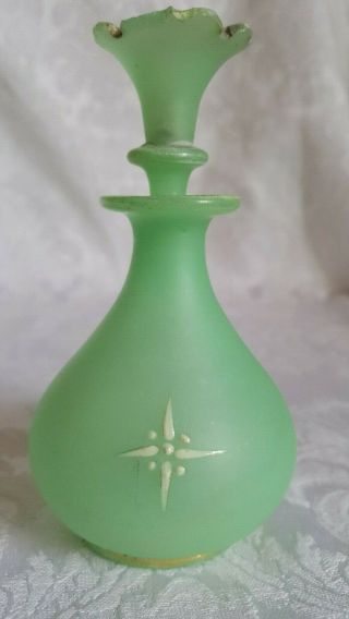 Antique French Green Opaline Glass Perfume Bottle Hand Painted 5 